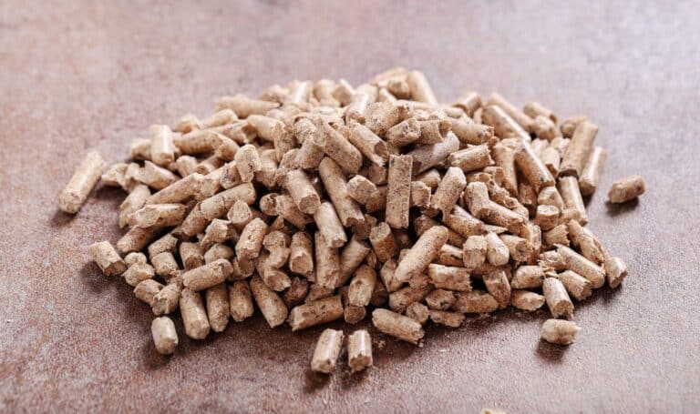 tas de pellets de bois disposés sur une table illustrant un combustible écologique et compact